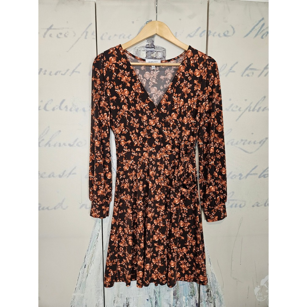 Gilli Faux Wrap Mini Dress S Black Rust Orange Floral Long Sleeve Boho Autumn